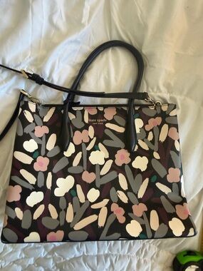 kate spade Black Floral Print Leather Tote with Pink and Cream Accents